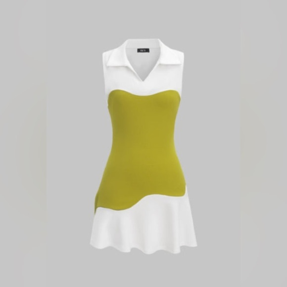 Patchwork asymmetrical wave dress M lime green white CC11-10
